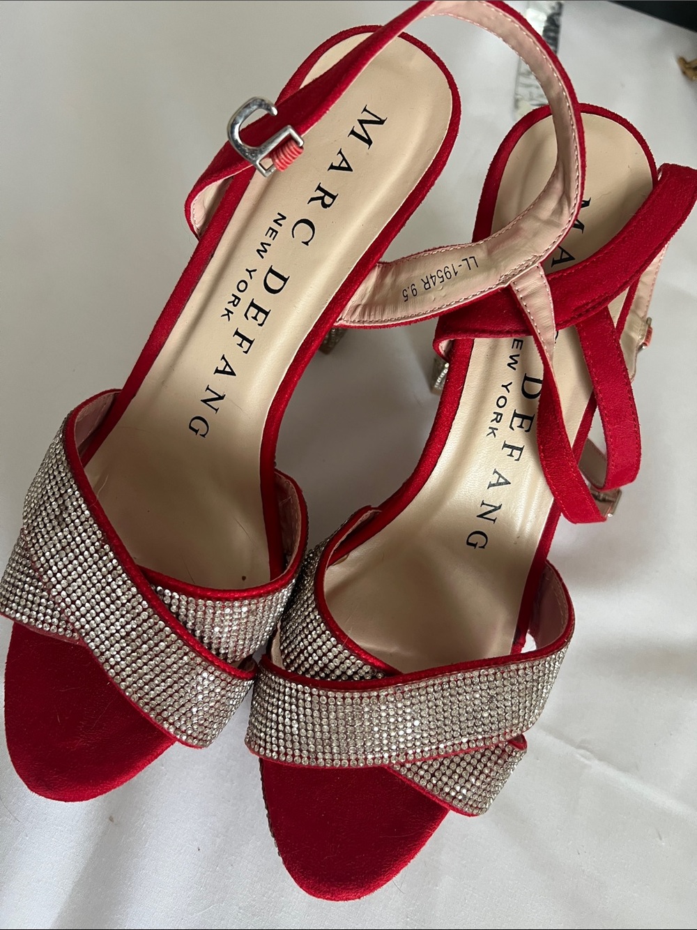 Marc Defang Red and Silver Strappy Heels